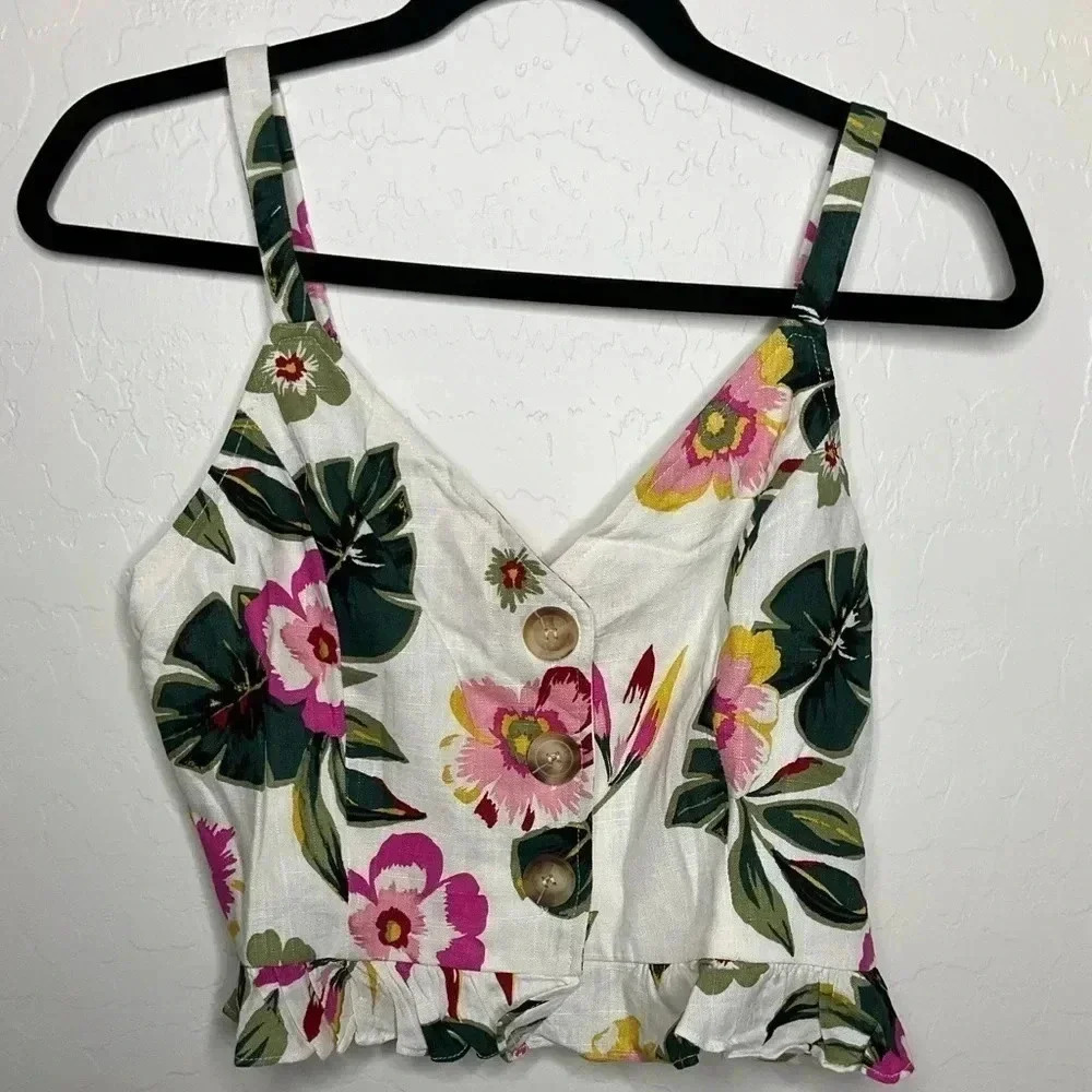 JOA Just One Answer WHITE Floral LINEN BLEND Smocked Back BUTTON Crop TANK TOP M